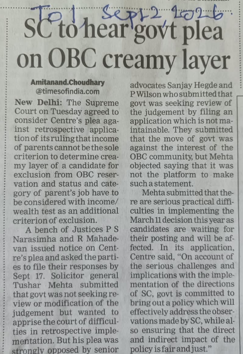 SC to hear govt plea on OBC creamy layer â€” Times of India, September 2, 2026